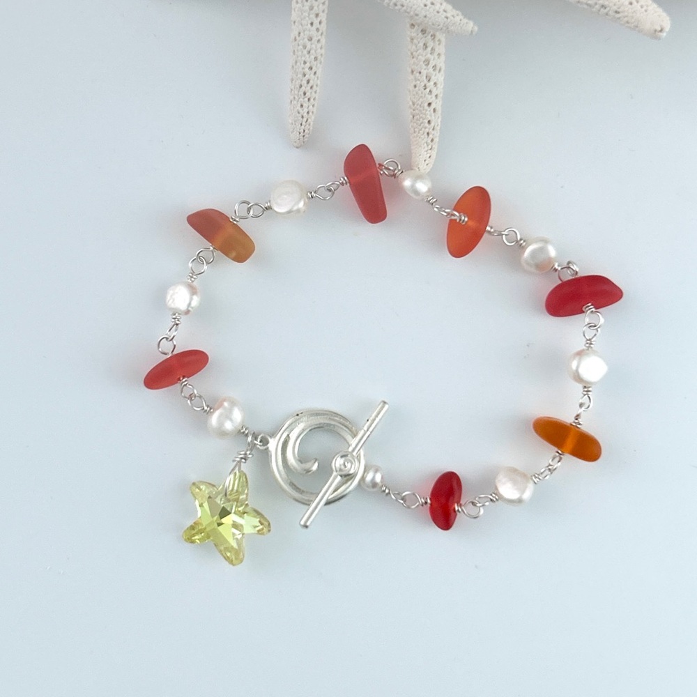 Handcrafted Ocean Inspired Orange Sea Glass FW Pearls Bracelet Wave …